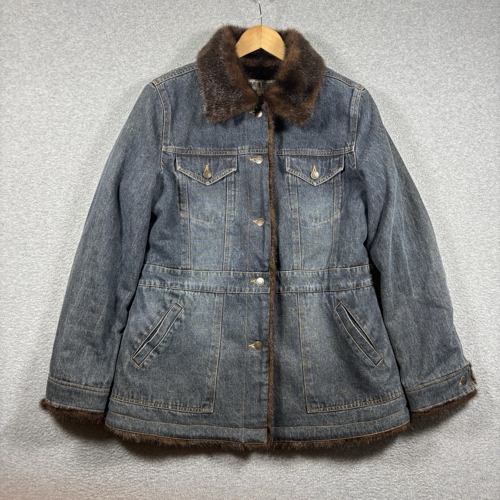 Vtg Marvin Richards Faux Fur Lined Denim Jacket Womens L Y2K Penny Lane Coat